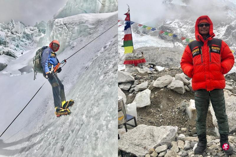 左：邱瑞昭在本次登山中，攀越险峻的坤布冰川（Khumbu Icefall）。右：邱瑞昭摄于海拔6500米的第二营。（受访者提供） 