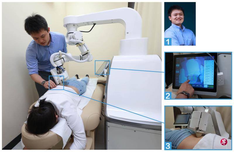 1.　 林子超医师在诊所使用Emma为病人推拿。（唐家鸿摄） 2.　使用推拿机器人前需要预先设置力度和穴位等。（唐家鸿摄） 3.　机器人主要针对软组织推拿。（唐家鸿摄）