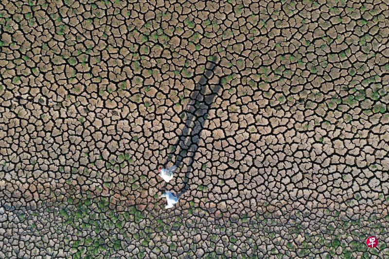 高温干旱天气令中国最大淡水湖鄱阳湖‘瘦身’，露出大片干涸开裂的湖床。（中新社）