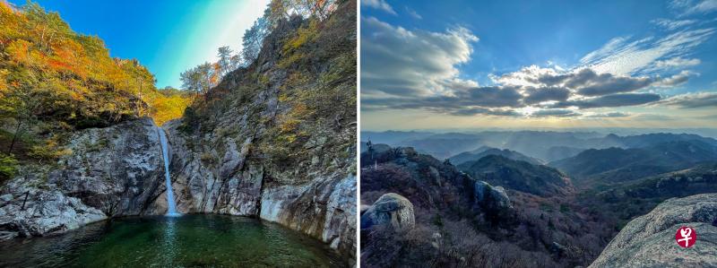 （左图）雪岳山的飞龙瀑布。（右图）俗离山山顶令人叹为观止的景致。