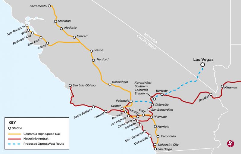 中国铁路国际（美国）有限公司和美国私营铁路公司XpressWest曾于去年9月发表联合声明中称，将组建合资公司，加速启动连接拉斯维加斯和洛杉矶Palmdale的高速铁路项目（蓝色虚线部分）。 该项目全程370公里，预计总投资额127亿美元（172亿新元），原本计划最早于今年9月开始建设。（互联网）