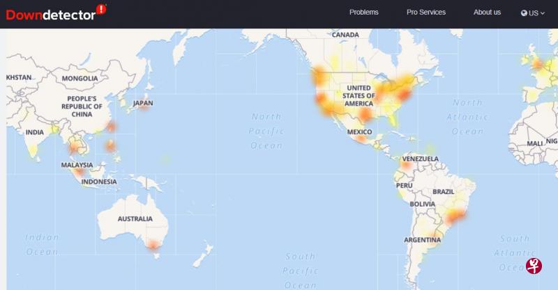 网络追踪网站downdetector.com显示，面簿和Instagram在全球多地皆出现故障。（网络截图） 