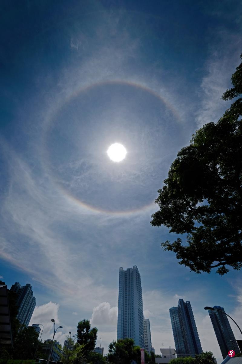 本地今天（9月22日）中午时分出现罕见的“日晕”（sun halo），太阳周围形成一道内红外紫的彩虹光圈，蔚为奇观。（龙国雄摄） 