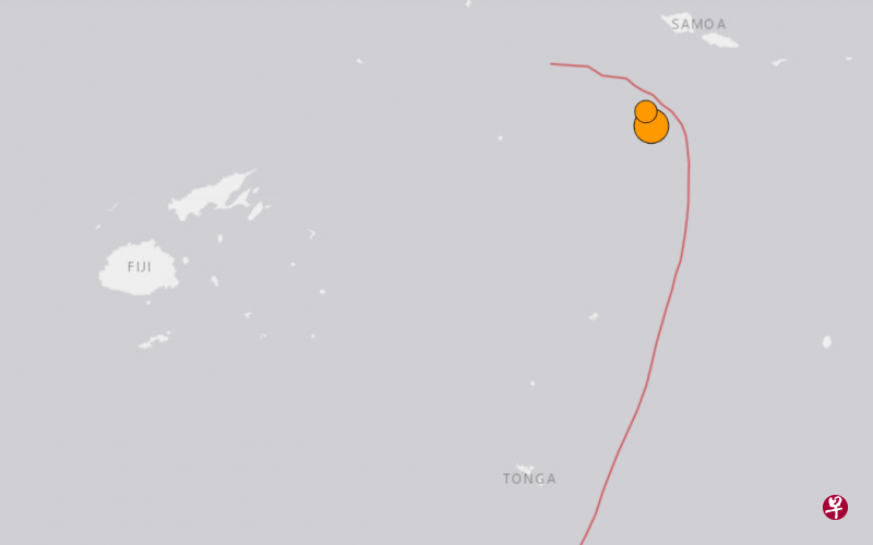 位于南太平洋岛国汤加和美属萨摩耶之间的海域星期天发生6.7级地震。（美国地质调查局网站截图） 